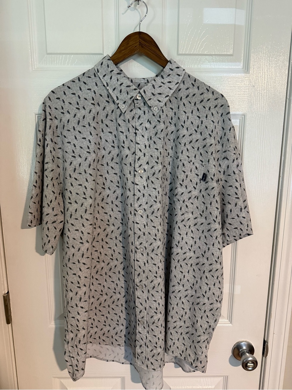 Huk Light Gray Short Sleeve Button-Down with Black Leaf Print